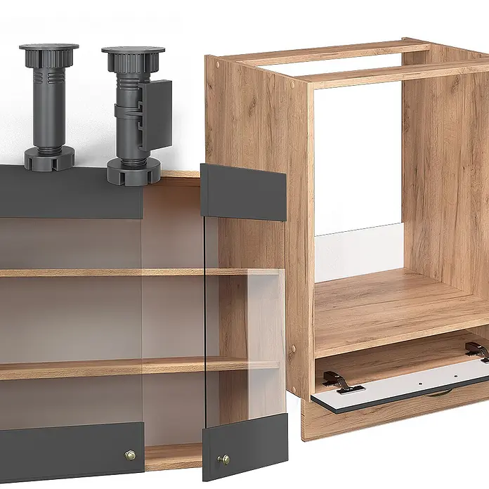 Vicco Eckküche Fame-Line Anthrazit Landhaus/Goldkraft Eiche ohne Arbeitsplatte - B x T: 190 x 46 cm, Anthrazit-Gold Landhaus, Ohne Elektrogeräte - Möbelteile: ein heller Holzschrankrahmen, dunkelgraue Glastüren mit Goldknäufen, verstellbare graue Kunststofffüße und interne Beschläge.