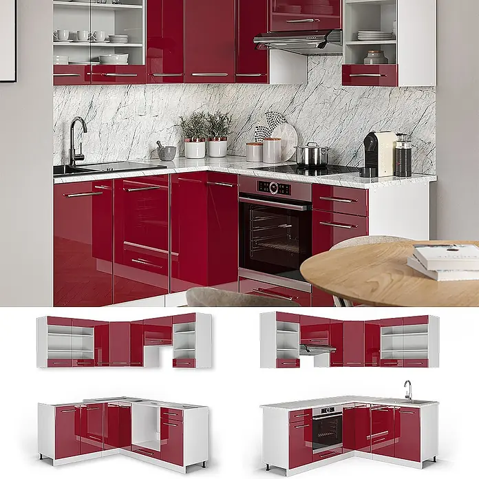 Vicco Eckküche Fame-Line Bordeaux Hochglanz/Weiß ohne Arbeitsplatte - B x T: 190 x 46 cm, Bordeaux Hochglanz, Ohne Elektrogeräte - Moderne L-förmige Küche mit glänzend roten Fronten, weißen Rahmen, integrierter Spüle, Kochfeld und Backofen.
