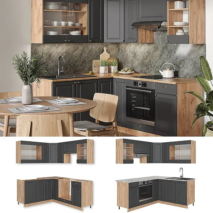 Vicco Eckküche Fame-Line Anthrazit Landhaus/Goldkraft Eiche ohne Arbeitsplatte - B x T: 190 x 46 cm, Anthrazit-Gold Landhaus, Ohne Elektrogeräte - Modulare L-förmige Küche mit dunkelgrauen Schränken, Holzoptik-Arbeitsplatten, Spüle und Backofen.