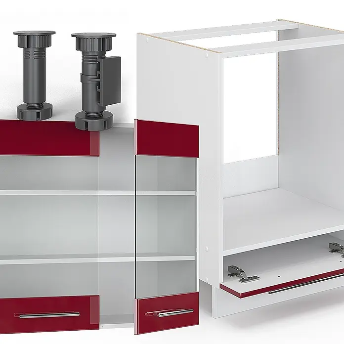 Vicco Eckküche Fame-Line Bordeaux Hochglanz/Weiß ohne Arbeitsplatte - B x T: 190 x 46 cm, Bordeaux Hochglanz, Ohne Elektrogeräte - Weißer Küchenschrankkorpus mit roten Hochglanztüren, teils mit Glas, und dunkelgrauen Stellfüßen, unmontiert dargestellt.