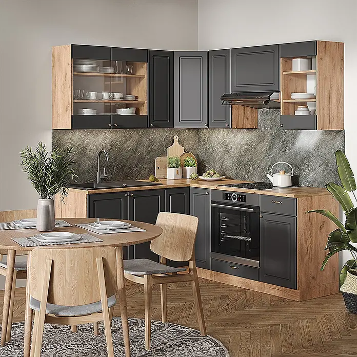 Vicco Eckküche Fame-Line Anthrazit Landhaus/Goldkraft Eiche ohne Arbeitsplatte - B x T: 190 x 46 cm, Anthrazit-Gold Landhaus, Ohne Elektrogeräte - Eine moderne Eckküche mit anthrazitfarbenen Schränken und hellen Holzdetails, ausgestattet mit Spüle, Backofen und Stauraum.