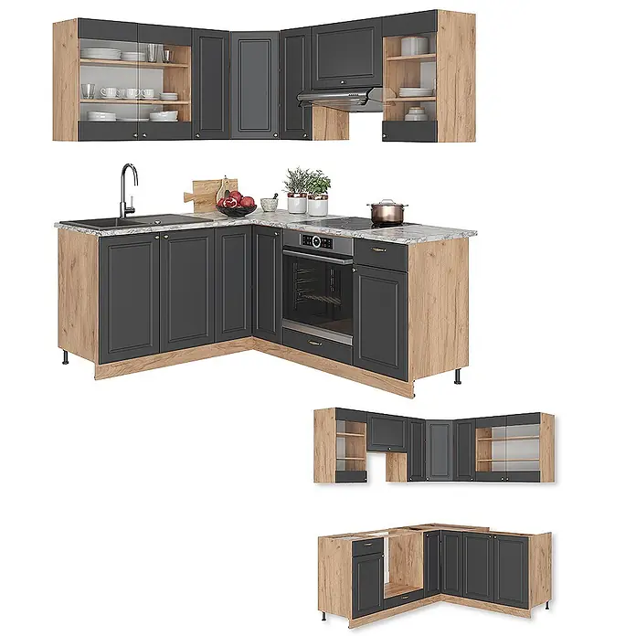 Vicco Eckküche Fame-Line Anthrazit Landhaus/Goldkraft Eiche ohne Arbeitsplatte - B x T: 190 x 46 cm, Anthrazit-Gold Landhaus, Ohne Elektrogeräte - L-förmige Modulküche mit dunkelgrauen Schränken, hellen Holzdekorrahmen und Marmoroptik-Arbeitsplatte, inklusive Spüle, Herd und Backofen.
