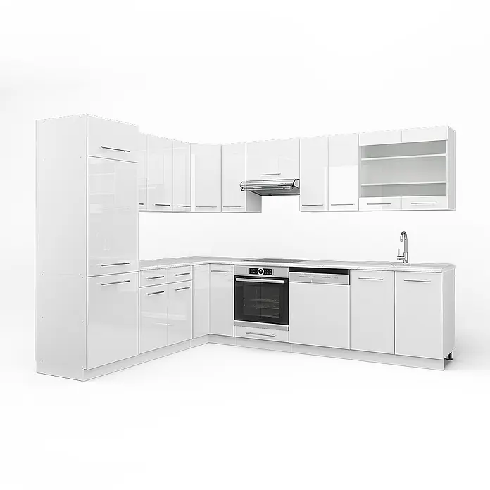 Vicco Eckküche Fame-Line Weiß Hochglanz/Weiß ohne Arbeitsplatte - B x T: 287 x 46 cm, Weiß Hochglanz, Ohne Elektrogeräte - L-förmige, weiße Hochglanzküche mit integriertem Backofen, Kochfeld, Geschirrspüler und Spüle. Modernes Design.