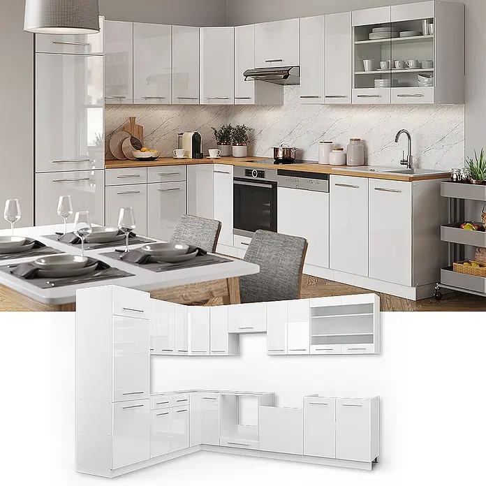 Vicco Eckküche Fame-Line Weiß Hochglanz/Weiß ohne Arbeitsplatte - B x T: 287 x 46 cm, Weiß Hochglanz, Ohne Elektrogeräte - Moderne L-förmige, hochglänzende weiße Küchenschränke mit integrierten Geräten und Arbeitsplatten aus Holz.
