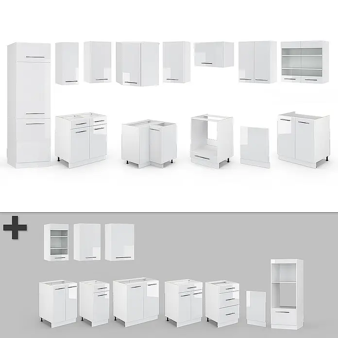 Vicco Eckküche Fame-Line Weiß Hochglanz/Weiß ohne Arbeitsplatte - B x T: 287 x 46 cm, Weiß Hochglanz, Ohne Elektrogeräte - Set weißer Hochglanz-Küchenschränke, darunter Unter-, Ober- und Hochschränke für ein modulares Küchensystem.