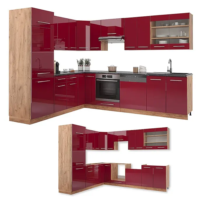 Vicco Eckküche Fame-Line Bordeaux Hochglanz/Goldkraft Eiche ohne Arbeitsplatte - B x T: 287 x 46 cm, Bordeaux Hochglanz, Ohne Elektrogeräte - Hochglanzrote Eckküche mit Holzoptik-Akzenten, integriertem Backofen, Spüle, Geschirrspüler und offenen Regalen.