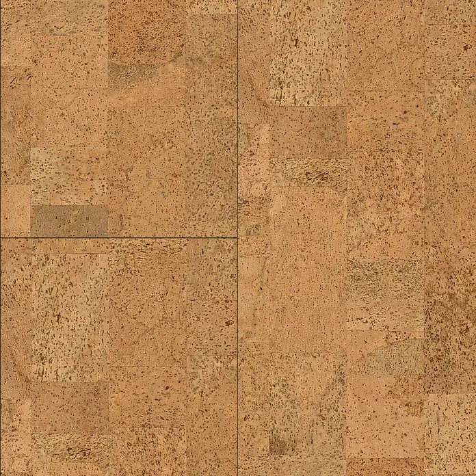 Corklife Studiostyle Korkboden - Mora, 905 x 295 x 10,5 mm - Nahaufnahme von vier quadratischen Korkfliesen mit einer natürlich gemusterten, warmen, braunen Textur, ideal für Bodenbeläge.