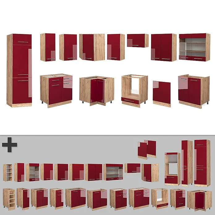 Vicco Eckküche Fame-Line Bordeaux Hochglanz/Goldkraft Eiche ohne Arbeitsplatte - B x T: 287 x 46 cm, Bordeaux Hochglanz, Ohne Elektrogeräte - Modulares Küchenschrank-Set mit roten Hochglanzfronten und Korpus in heller Holzoptik, inkl. Ober- und Unterschränken.