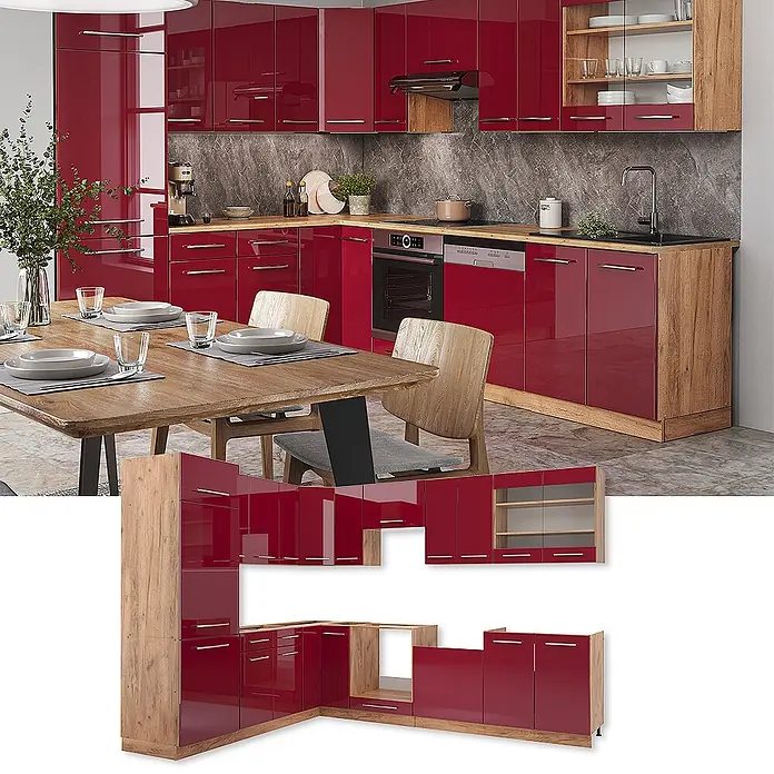 Vicco Eckküche Fame-Line Bordeaux Hochglanz/Goldkraft Eiche ohne Arbeitsplatte - B x T: 287 x 46 cm, Bordeaux Hochglanz, Ohne Elektrogeräte - Modernes Küchenschranksystem in Hochglanzrot mit Holzelementen, montiert in einer Küche und als separate Module gezeigt.