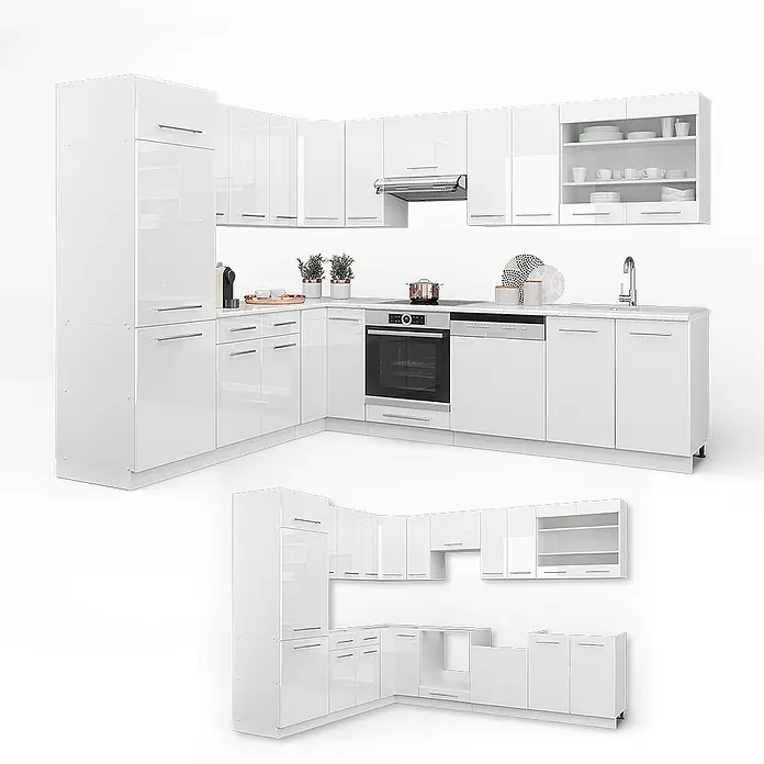 Vicco Eckküche Fame-Line Weiß Hochglanz/Weiß ohne Arbeitsplatte - B x T: 287 x 46 cm, Weiß Hochglanz, Ohne Elektrogeräte - Moderne L-förmige Küchenzeile in Hochglanzweiß, modular mit integrierten Geräten.