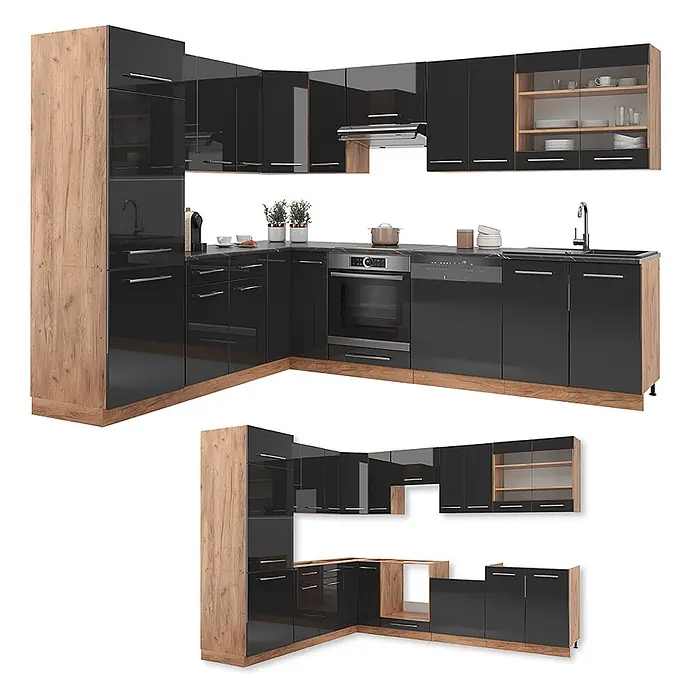 Vicco Eckküche Fame-Line Anthrazit Hochglanz/Goldkraft Eiche, AP Marmor - B x T: 287 x 60 cm, Anthrazit Hochglanz, Ohne Elektrogeräte - L-förmige Küchenzeile mit schwarzen Hochglanzfronten und hellen Holzoptik-Paneelen. Mit integrierten Geräten und Stauraum, inklusive Vitrinen.