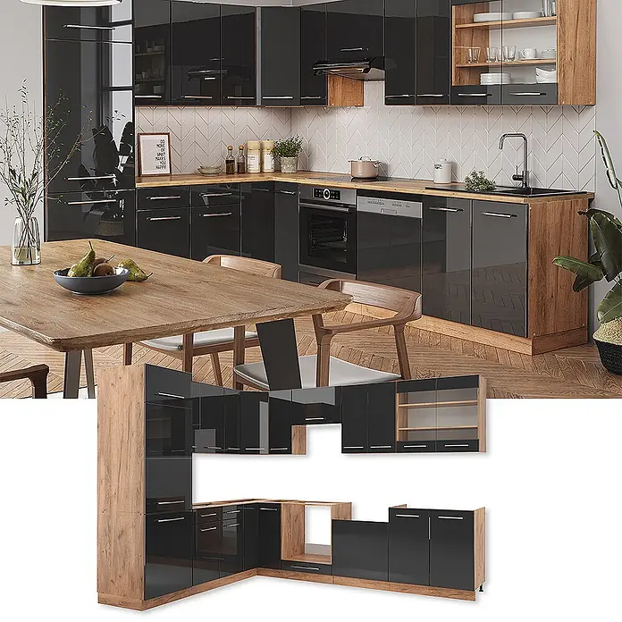Vicco Eckküche Fame-Line Anthrazit Hochglanz/Goldkraft Eiche, AP Marmor - B x T: 287 x 60 cm, Anthrazit Hochglanz, Ohne Elektrogeräte - Modulare L-förmige Küche mit schwarzen Hochglanztüren und Akzenten aus Naturholz, als Module und in einer Wohnumgebung gezeigt.