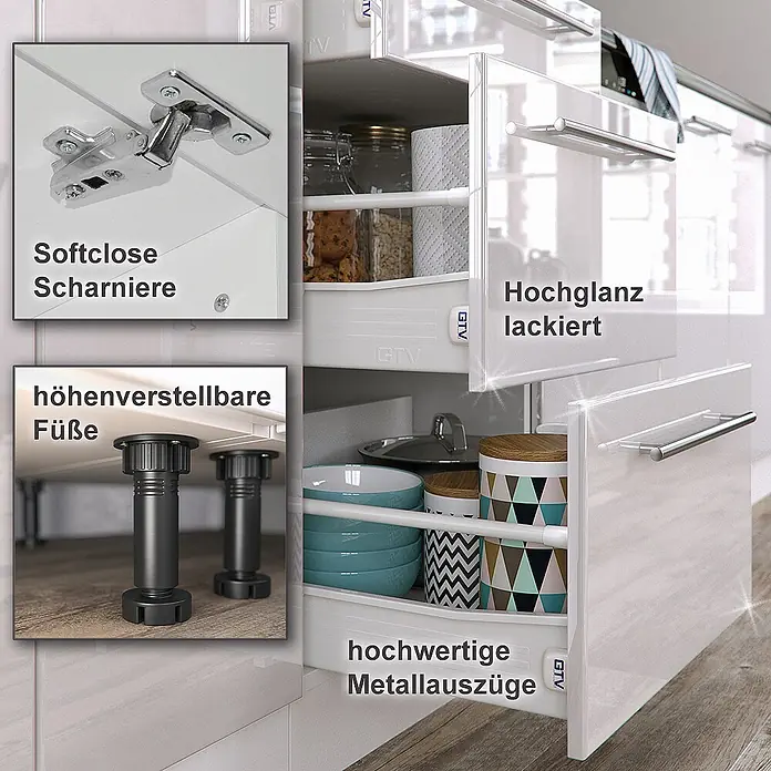 Vicco Eckküche Fame-Line Weiß/Weiß Hochglanz ohne Arbeitsplatte - Weiß Hochglanz, Ohne Elektrogeräte - Weiße Hochglanz-Küchenschränke mit Softclose-Scharnieren, höhenverstellbaren Füßen und hochwertigen Metallauszügen.