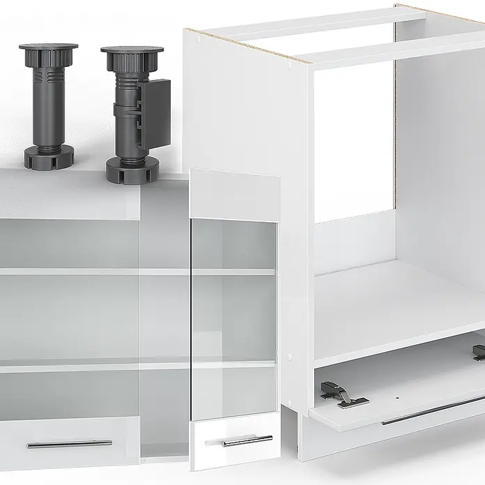 Vicco Eckküche Fame-Line Weiß/Weiß Hochglanz ohne Arbeitsplatte - Weiß Hochglanz, Ohne Elektrogeräte - Modulare weiße Schrankelemente mit Glastüren, Schubladen, verstellbaren Füßen und offenem Rahmen, Montage darstellend.