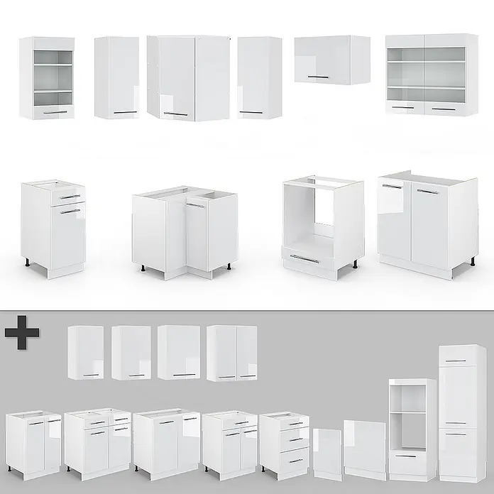 Vicco Eckküche Fame-Line Weiß/Weiß Hochglanz ohne Arbeitsplatte - Weiß Hochglanz, Ohne Elektrogeräte - Satz glänzender, weißer modularer Küchenschränke mit Ober-, Unter- und Hochschränken mit Silbergriffen.