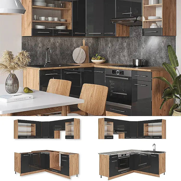 Vicco Eckküche Fame-Line Anthrazit Hochglanz/Goldkraft Eiche, AP Anthrazit - B x T: 190 x 60 cm, Anthrazit Hochglanz, Ohne Elektrogeräte - L-förmige Küche mit hochglänzenden schwarzen Schränken und Holzoptik-Arbeitsplatten/-Rahmen, inkl. integriertem Backofen, Kochfeld, Spüle.