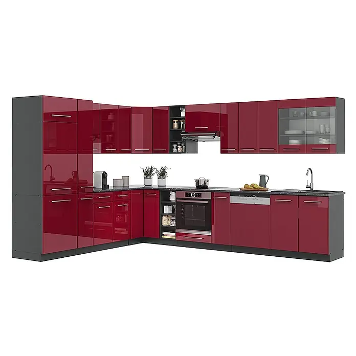 Vicco Eckküche Fame-Line Bordeaux Hochglanz/Anthrazit mit Arbeitsplatte - B x T: 347 x 60 cm, Bordeaux Hochglanz, Ohne Elektrogeräte - L-förmige moderne Küchenzeile mit glänzend roten Fronten und dunkelgrauem Korpus, inklusive integrierter Geräte, Spüle und Vitrinenschränke.