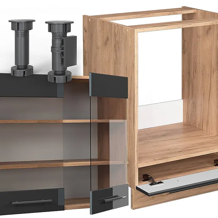Vicco Eckküche Fame-Line Anthrazit Hochglanz/Goldkraft Eiche, AP Anthrazit - B x T: 190 x 60 cm, Anthrazit Hochglanz, Ohne Elektrogeräte - Möbelbausatz: Holzschrankteile, Glasfronten mit dunkelgrauen Rahmen und Griffen, verstellbare Füße.