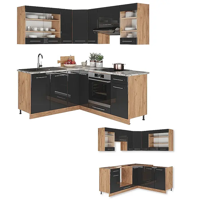 Vicco Eckküche Fame-Line Anthrazit Hochglanz/Goldkraft Eiche, AP Anthrazit - B x T: 190 x 60 cm, Anthrazit Hochglanz, Ohne Elektrogeräte - Moderne Eckküche mit schwarzen Hochglanzfronten und Korpus in Holzoptik, inklusive Geräten und Stauraum.
