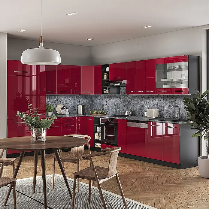 Vicco Eckküche Fame-Line Bordeaux Hochglanz/Anthrazit mit Arbeitsplatte - B x T: 347 x 60 cm, Bordeaux Hochglanz, Ohne Elektrogeräte - Glänzende rote modulare Küchenschränke mit integrierten Geräten und grauer Arbeitsplatte in modernem L-Design.