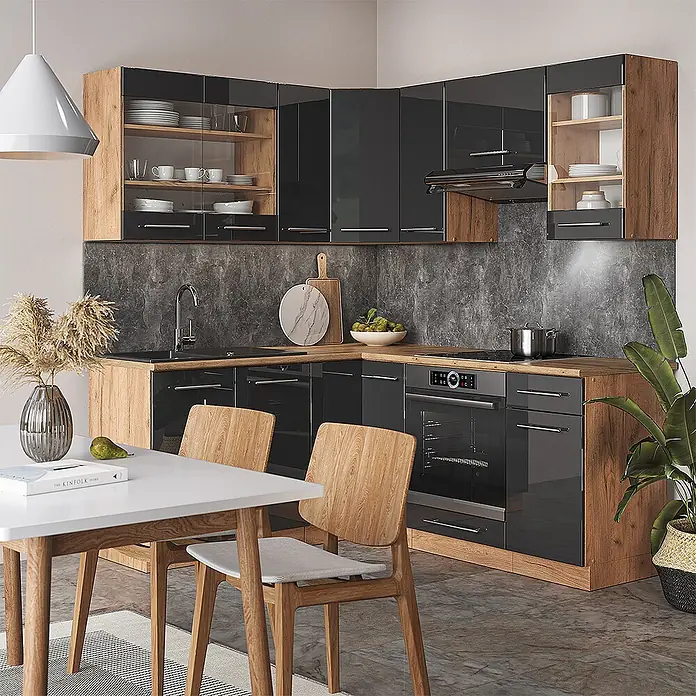 Vicco Eckküche Fame-Line Anthrazit Hochglanz/Goldkraft Eiche, AP Anthrazit - B x T: 190 x 60 cm, Anthrazit Hochglanz, Ohne Elektrogeräte - Moderne Eckküche mit dunkelgrauen Hochglanzschränken und hellen Holzapplikationen, mit Spüle, Herd und Backofen.