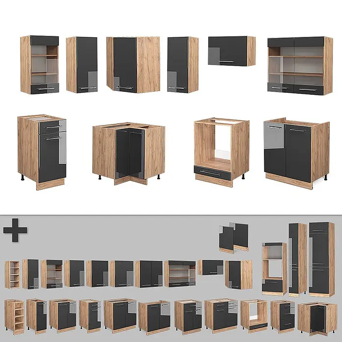 Vicco Eckküche Fame-Line Anthrazit Hochglanz/Goldkraft Eiche, AP Anthrazit - B x T: 190 x 60 cm, Anthrazit Hochglanz, Ohne Elektrogeräte - Modulare Küchenschrank-Kollektion: heller Holzdekor mit dunklen Hochglanztüren und teils Glaselementen in verschiedenen Konfigurationen.
