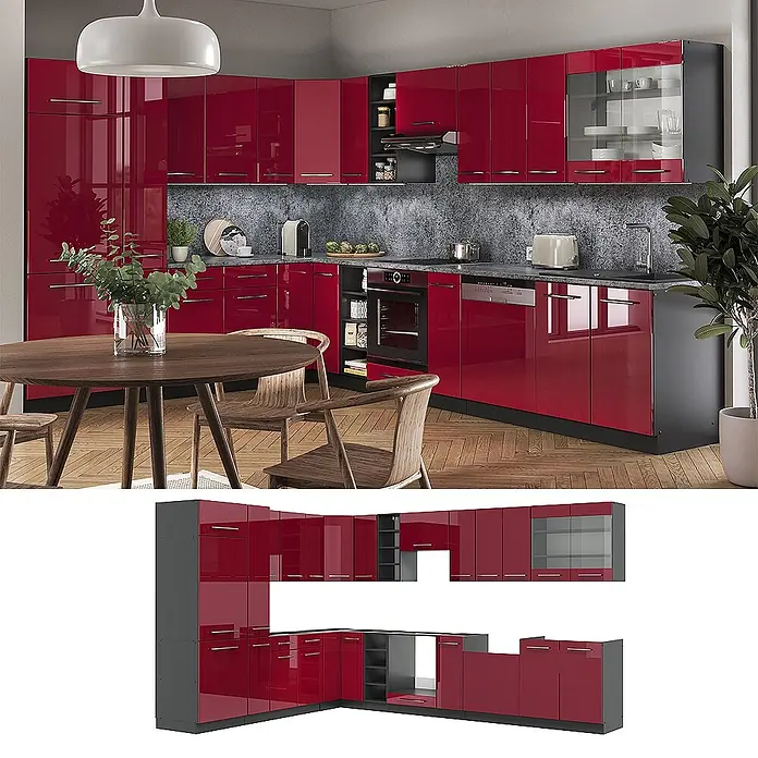 Vicco Eckküche Fame-Line Bordeaux Hochglanz/Anthrazit mit Arbeitsplatte - B x T: 347 x 60 cm, Bordeaux Hochglanz, Ohne Elektrogeräte - Moderne L-förmige Küche mit hochglänzenden roten Schränken, grauen Arbeitsplatten und integrierten Geräten.