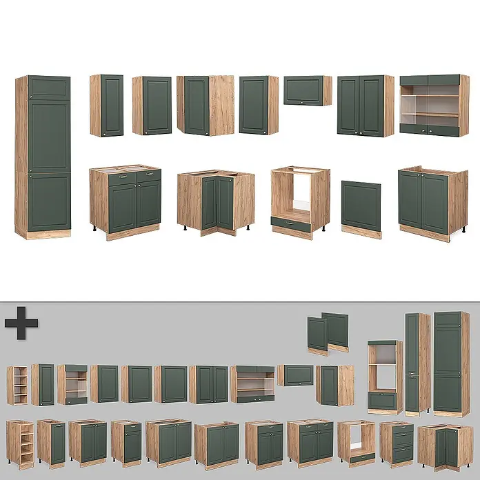Vicco Eckküche Fame-Line Grün-Gold Landhaus/Goldkraft Eiche ohne Arbeitsplatte - B x T: 287 x 46 cm, Grün-Gold Landhaus, Ohne Elektrogeräte - Kollektion modularer Küchenschränke mit heller Holzoptik und dunkelgrünen Türen, inkl. Unter-, Ober- und Hochschränke.