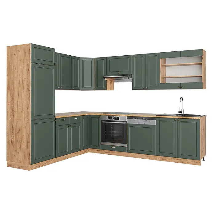 Vicco Eckküche Fame-Line Grün-Gold Landhaus/Goldkraft Eiche ohne Arbeitsplatte - B x T: 287 x 46 cm, Grün-Gold Landhaus, Ohne Elektrogeräte - L-förmige Küchenzeile mit dunkelgrünen Schränken, Holz-Arbeitsplatten und integrierten Geräten (Backofen, Geschirrspüler, Spüle, Kochfeld, Dunstabzugshaube).