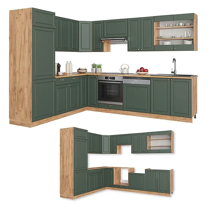 Vicco Eckküche Fame-Line Grün-Gold Landhaus/Goldkraft Eiche ohne Arbeitsplatte - B x T: 287 x 46 cm, Grün-Gold Landhaus, Ohne Elektrogeräte - Modulare Eckküche mit dunkelgrünen Schränken, heller Holzoptik und integrierten Geräten.