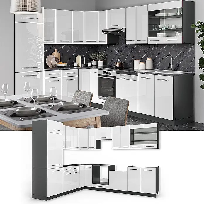 Vicco Eckküche Fame-Line Weiß Hochglanz/Anthrazit, AP Eiche - B x T: 287 x 60 cm, Weiß Hochglanz, Ohne Elektrogeräte - Modulare Küchenmöbel in Weiß Hochglanz und Dunkelgrau, als moderne L-Küche konfiguriert.