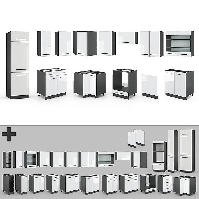 Vicco Eckküche Fame-Line Weiß Hochglanz/Anthrazit, AP Eiche - B x T: 287 x 60 cm, Weiß Hochglanz, Ohne Elektrogeräte - Modulares Küchenschranksystem mit weißen Türen und dunkelgrauen Korpen, inklusive Unter-, Ober- und Hochschränken für individuelle Konfigurationen.