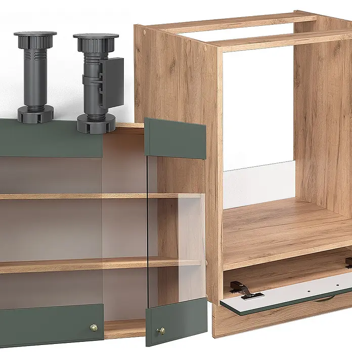 Vicco Eckküche Fame-Line Grün-Gold Landhaus/Goldkraft Eiche ohne Arbeitsplatte - B x T: 287 x 46 cm, Grün-Gold Landhaus, Ohne Elektrogeräte - Verstellbare Füße, Holzkorpus, grüne/Glasfronten und Schublade für modulare Möbel.
