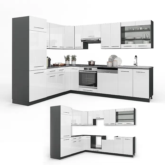Vicco Eckküche Fame-Line Weiß Hochglanz/Anthrazit, AP Eiche - B x T: 287 x 60 cm, Weiß Hochglanz, Ohne Elektrogeräte - L-förmige Küchenzeile mit hochglänzenden weißen Fronten und dunkelgrauen Details, inklusive Ober- und Unterschränken, integrierten Geräten.