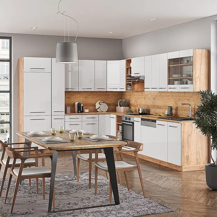Vicco Eckküche Fame-Line Weiß Hochglanz/Goldkraft Eiche ohne Arbeitsplatte - Weiß Hochglanz, Ohne Elektrogeräte - Modernes L-förmiges Küchenset mit glänzend weißen Schränken, Holzoptik-Paneelen und passendem Esstisch mit Stühlen.