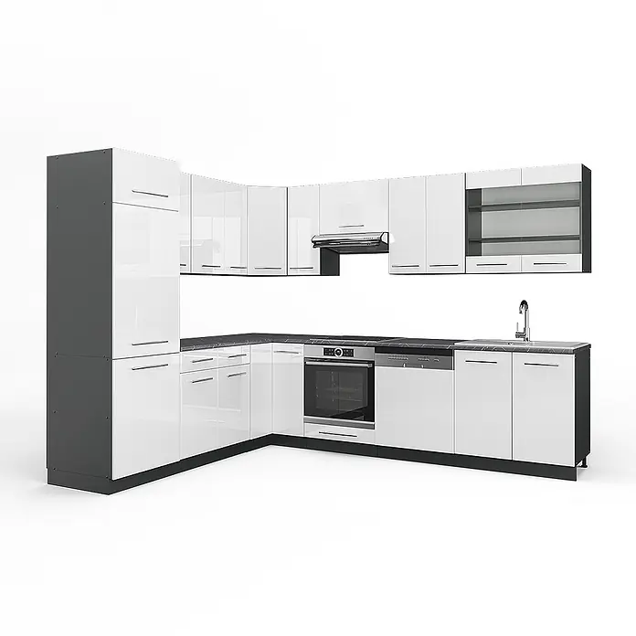Vicco Eckküche Fame-Line Weiß Hochglanz/Anthrazit, AP Anthrazit - B x T: 287 x 60 cm, Weiß Hochglanz, Ohne Elektrogeräte - L-förmige Einbauküche mit hochglanzweißen Schränken, dunkelgrauer Arbeitsplatte, integriertem Backofen, Kochfeld, Spüle und Geschirrspüler.