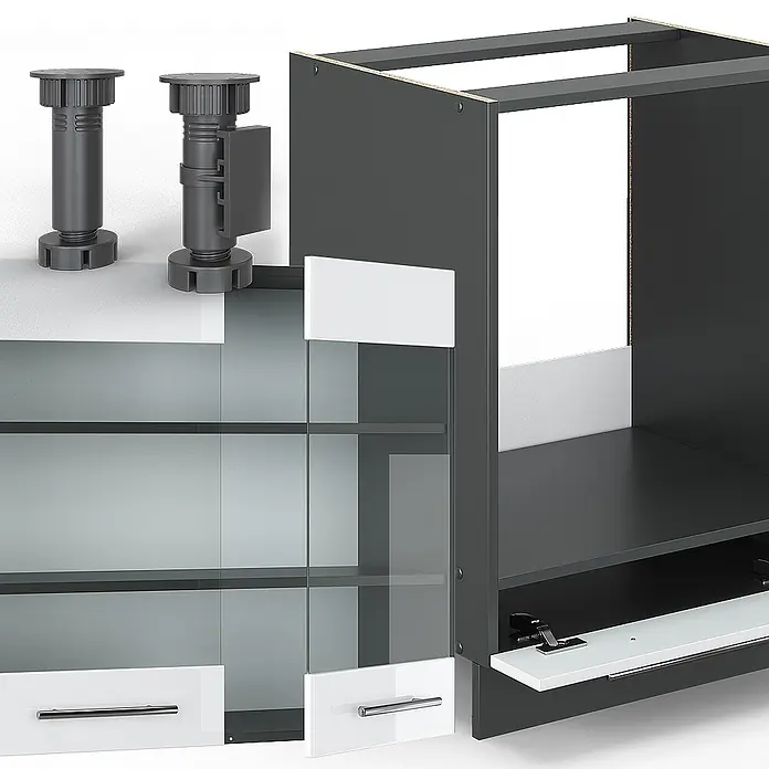 Vicco Eckküche Fame-Line Weiß Hochglanz/Anthrazit, AP Eiche - B x T: 287 x 60 cm, Weiß Hochglanz, Ohne Elektrogeräte - Schwarze verstellbare Möbelfüße, dunkelgrauer Schrankrahmen und ein Schrank mit Glastüren.