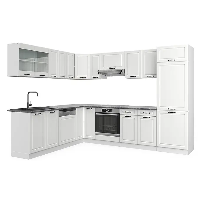Vicco Eckküche R-Line Weiß Landhaus/Weiß, AP Anthrazit - B x T: 287 x 60 cm, Weiß Landhaus, Ohne Elektrogeräte - L-förmige weiße Küchenschrank-Garnitur mit dunkelgrauer Arbeitsplatte, schwarzen Griffen, Spüle, Geschirrspüler, Backofen und Dunstabzugshaube. Inkl. Hochschrank.