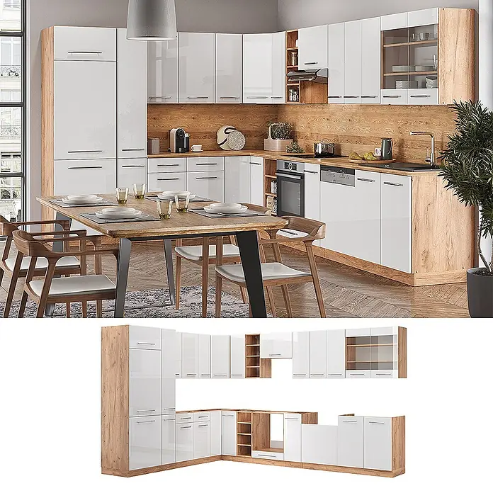 Vicco Eckküche Fame-Line Weiß Hochglanz/Goldkraft Eiche ohne Arbeitsplatte - Weiß Hochglanz, Ohne Elektrogeräte - Moderne L-förmige Küchenzeile mit hochglänzenden weißen Schränken und Holzdekor-Elementen, viel Stauraum und integrierten Geräten.