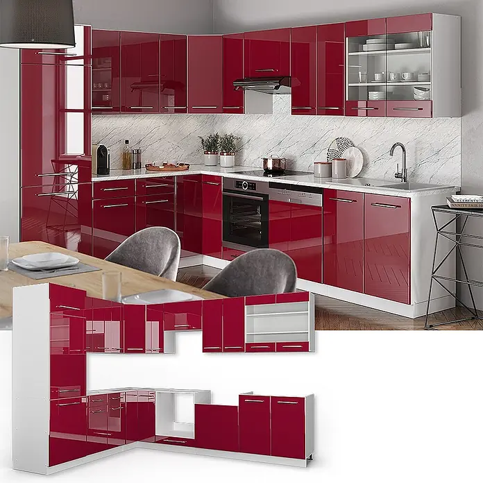 Vicco Eckküche Fame-Line Bordeaux Hochglanz/Weiß ohne Arbeitsplatte - B x T: 287 x 46 cm, Bordeaux Hochglanz, Ohne Elektrogeräte - Moderne L-förmige Küchenzeile mit hochglänzenden roten Fronten und weißen Unterbauten, in Küchenumgebung.