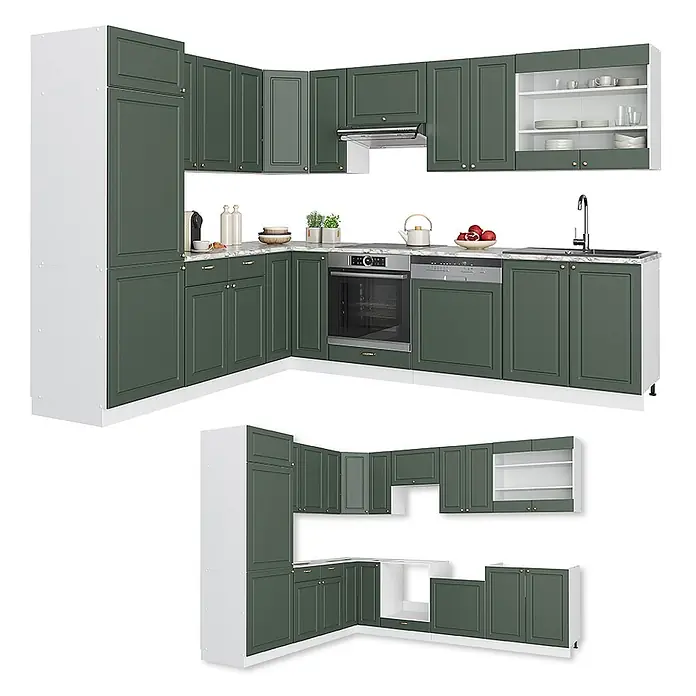 Vicco Eckküche Fame-Line Grün-Gold Landhaus/Weiß ohne Arbeitsplatte - B x T: 287 x 46 cm, Grün-Gold Landhaus, Ohne Elektrogeräte - L-förmige dunkelgrüne Küchenschränke mit weißer Arbeitsplatte.