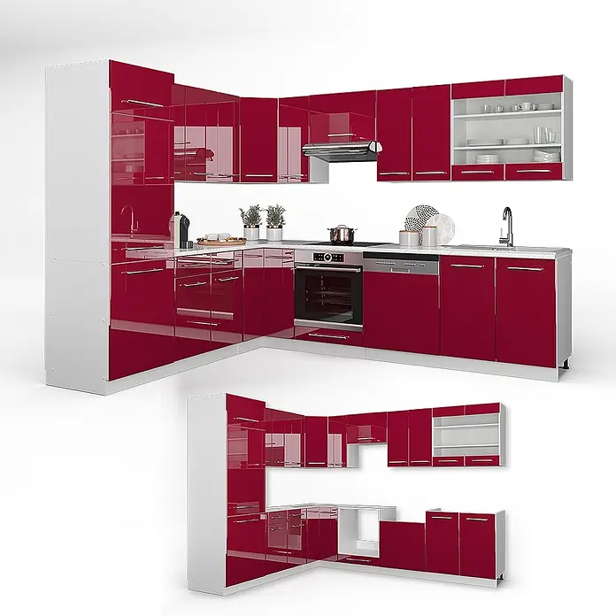 Vicco Eckküche Fame-Line Bordeaux Hochglanz/Weiß ohne Arbeitsplatte - B x T: 287 x 46 cm, Bordeaux Hochglanz, Ohne Elektrogeräte - Rote Hochglanz-L-Küche mit weißen Rahmen, inkl. Backofen, Kochfeld, Spüle, Spülmaschine, Dunstabzugshaube.