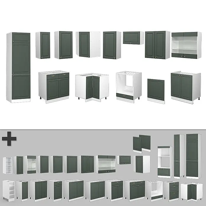 Vicco Eckküche Fame-Line Grün-Gold Landhaus/Weiß ohne Arbeitsplatte - B x T: 287 x 46 cm, Grün-Gold Landhaus, Ohne Elektrogeräte - Satz dunkelgrüner und weißer Küchenschränke in verschiedenen Konfigurationen für diverse Küchenlayouts.
