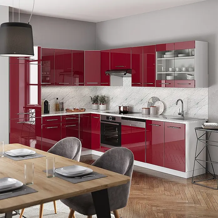 Vicco Eckküche Fame-Line Bordeaux Hochglanz/Weiß ohne Arbeitsplatte - B x T: 287 x 46 cm, Bordeaux Hochglanz, Ohne Elektrogeräte - Moderne L-förmige Küche mit hochglänzenden roten Schränken, weißen Marmor-Arbeitsplatten und integrierten Geräten.