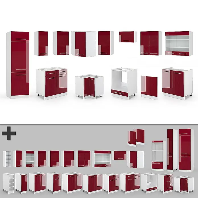Vicco Eckküche Fame-Line Bordeaux Hochglanz/Weiß ohne Arbeitsplatte - B x T: 287 x 46 cm, Bordeaux Hochglanz, Ohne Elektrogeräte - Eine Sammlung moderner modularer Küchenschränke mit glänzenden roten Türen und weißen Rahmen in verschiedenen Konfigurationen.