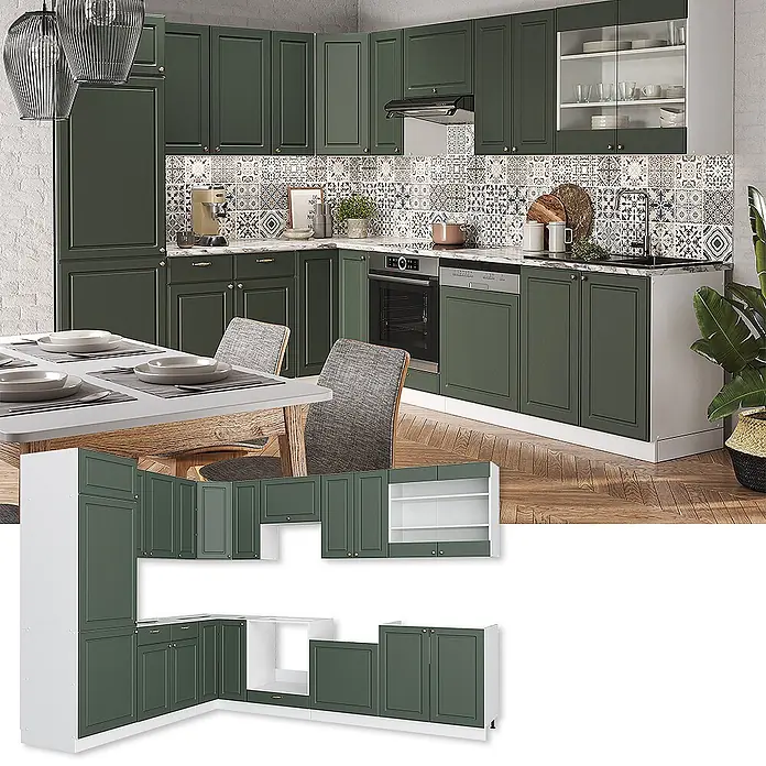 Vicco Eckküche Fame-Line Grün-Gold Landhaus/Weiß ohne Arbeitsplatte - B x T: 287 x 46 cm, Grün-Gold Landhaus, Ohne Elektrogeräte - Dunkelgrünes Küchenschrank-Set mit weißen Arbeitsplatten, in einer Küche und als separate Module gezeigt.