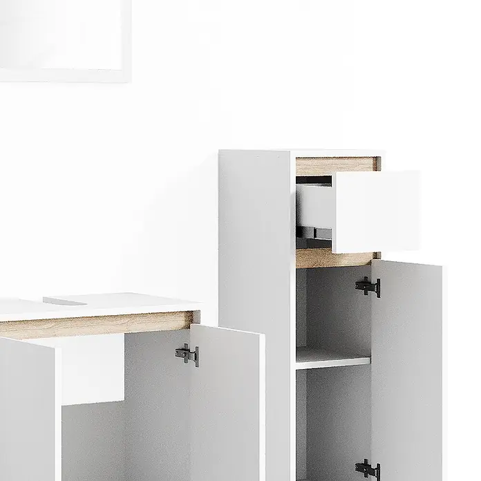Vicco Badmöbel-Set Emma Weiß/Sonoma 3 Teile, mit Midischrank - Gesamtbreite Badmöbel: 88 cm, Weiß, Matt - Weiße Badezimmerschränke mit Holzdetails, offenen Schubladen und Türen, die Regale zeigen.