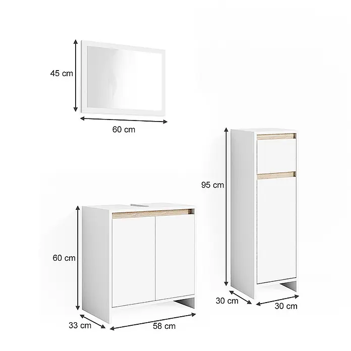 Vicco Badmöbel-Set Emma Weiß/Sonoma 3 Teile, mit Midischrank - Gesamtbreite Badmöbel: 88 cm, Weiß, Matt - Weißes Badezimmermöbelset mit Holzakzenten, bestehend aus Spiegel, Waschtischunterschrank und Hochschrank.