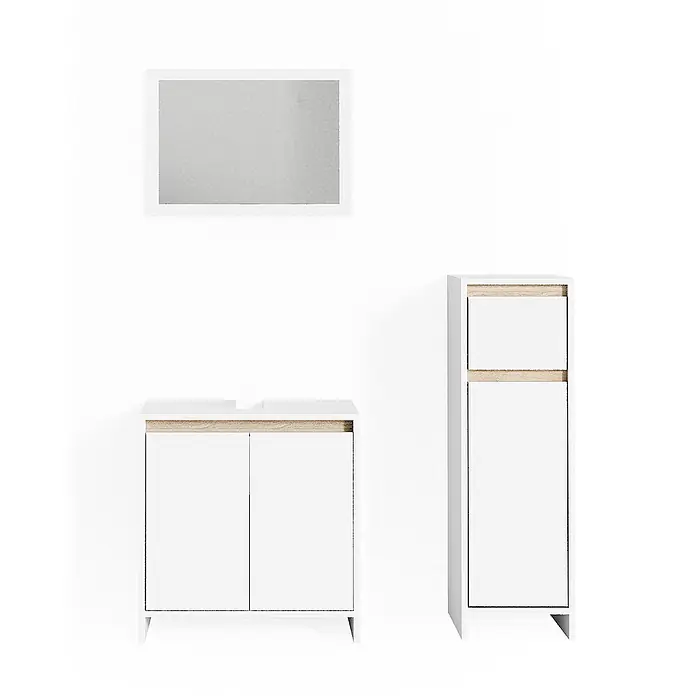 Vicco Badmöbel-Set Emma Weiß/Sonoma 3 Teile, mit Midischrank - Gesamtbreite Badmöbel: 88 cm, Weiß, Matt - Weißes Badmöbel-Set mit hellen Holzakzenten: Waschtischunterschrank, Spiegel und hoher Hochschrank.