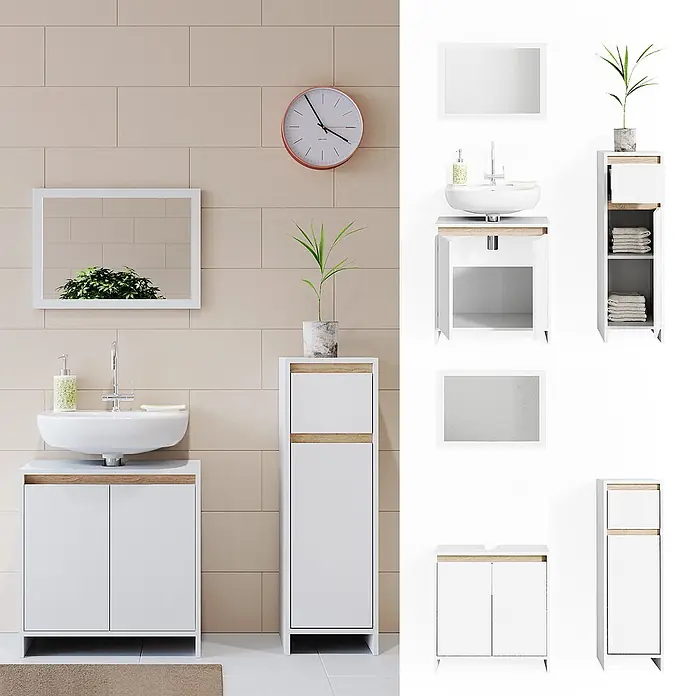 Vicco Badmöbel-Set Emma Weiß/Sonoma 3 Teile, mit Midischrank - Gesamtbreite Badmöbel: 88 cm, Weiß, Matt - Weißer Badunterschrank mit Waschbecken und passendem Hochschrank, mit hellen Holzdetails.